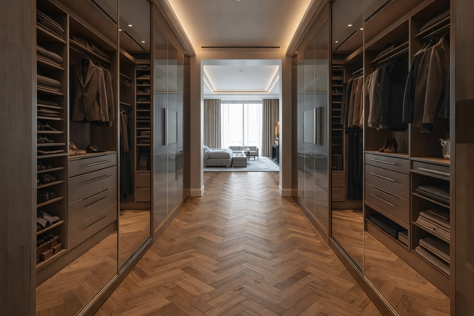 Modern walk-in closet featuring custom wardrobes, glass-front cabinetry, warm wood finishes, and herringbone hardwood flooring.