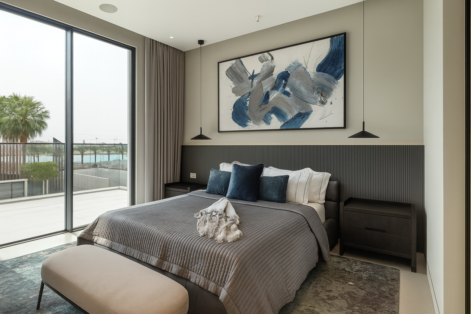 Contemporary residential bedroom with custom millwork, integrated lighting, and statement artwork designed by ReArt.