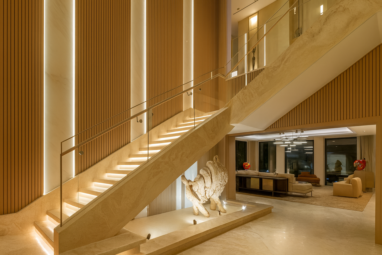 Sculptural modern staircase with integrated lighting and premium materials in a luxury residential interior designed by ReArt.