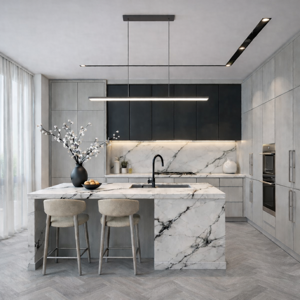 Modern luxury residential kitchen with marble island, integrated appliances, custom cabinetry, and architectural lighting designed by ReArt.