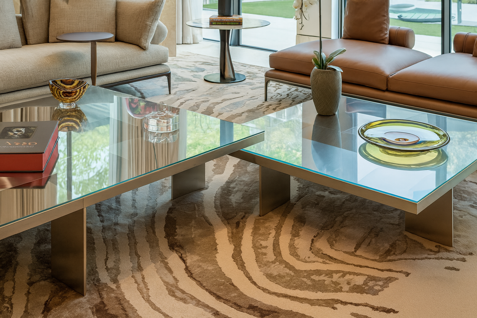 Detail view of luxury residential living room furniture, glass coffee tables, and curated accessories designed by ReArt.