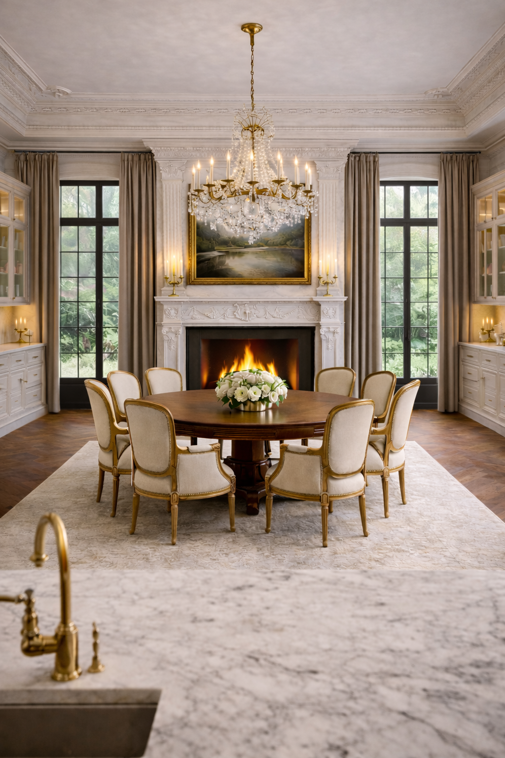 Classic formal dining room with a round dining table, upholstered chairs, carved fireplace, crystal chandelier, and full-height windows framed with drapery.