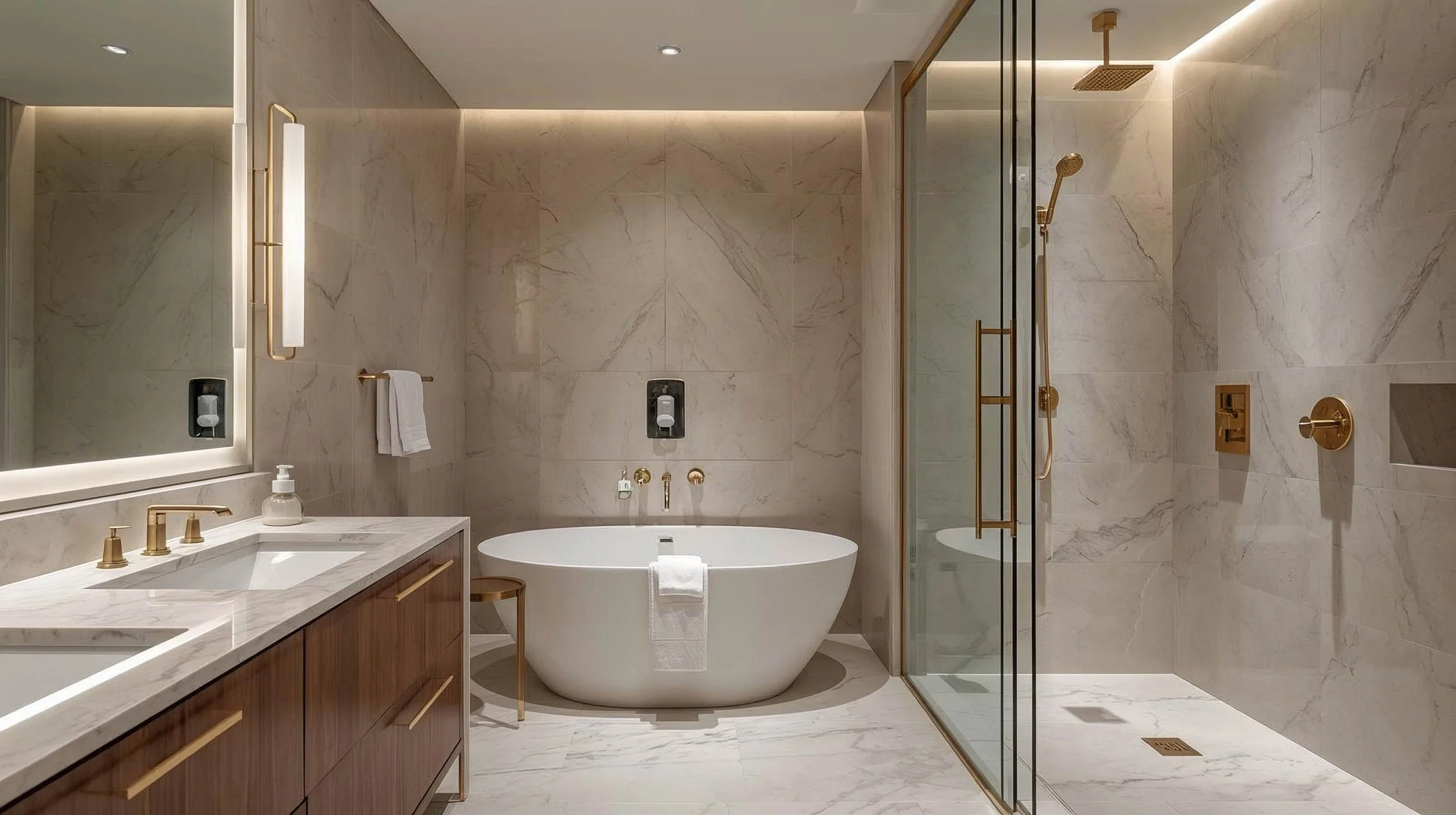 Modern luxury ensuite bathroom featuring a freestanding bathtub, walk-in glass shower with brushed gold fixtures, marble wall and floor tiles, warm wood vanity, and integrated ambient lighting.
