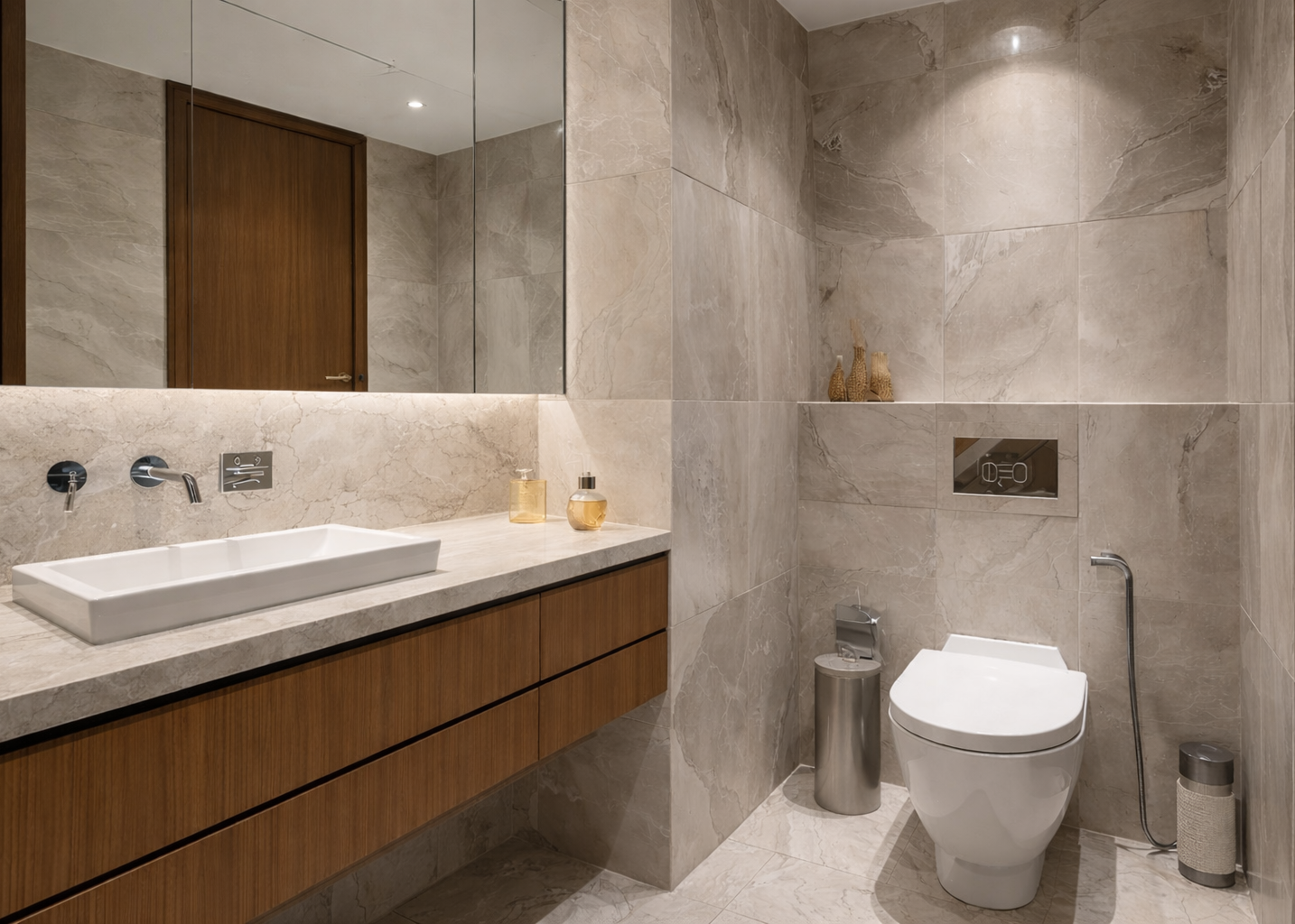 Minimal modern bathroom featuring a floating wood vanity, stone surfaces, concealed storage, and clean architectural detailing.