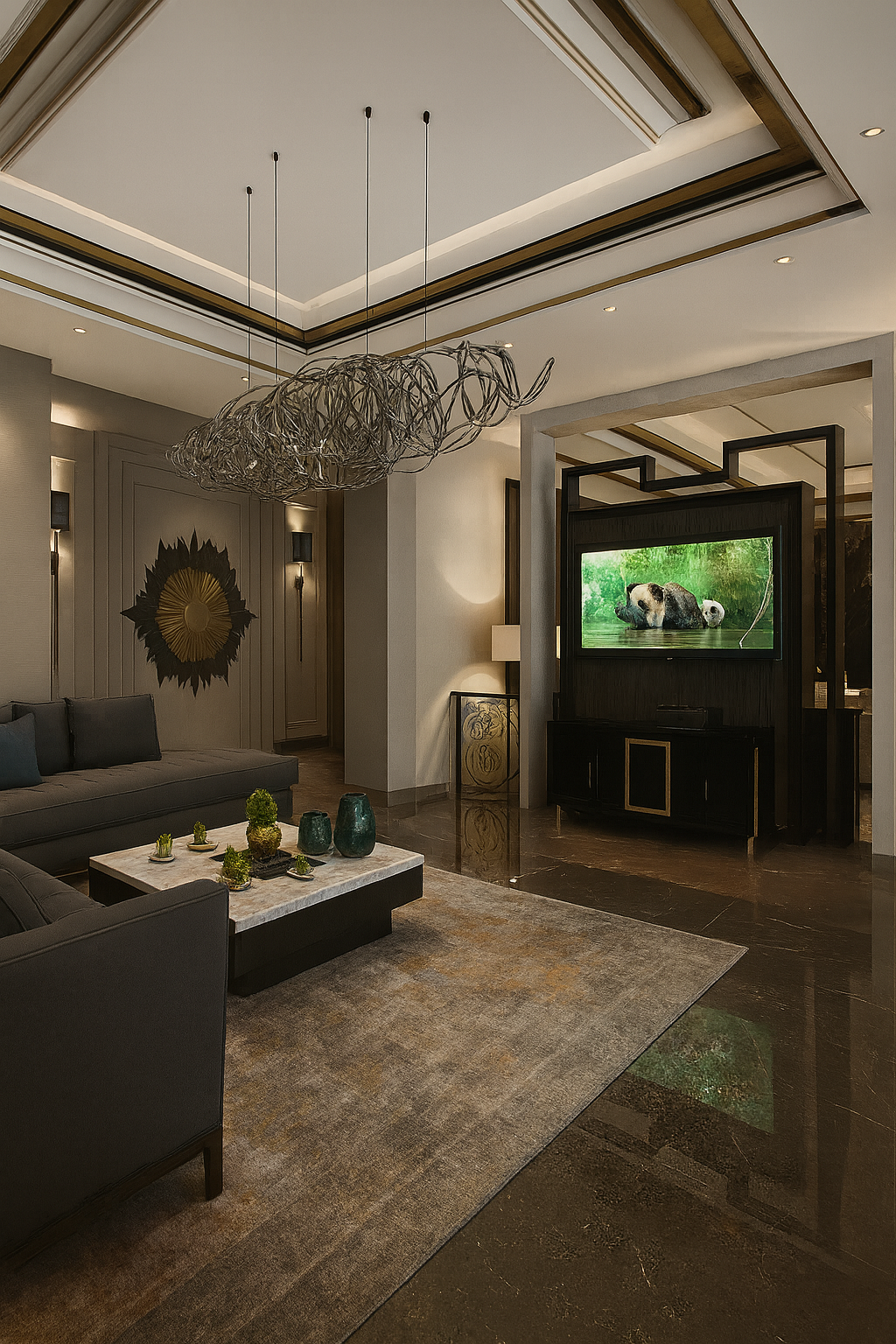 Luxury living room featuring a sculptural statement chandelier, custom media wall, dark stone flooring, and refined contemporary seating.