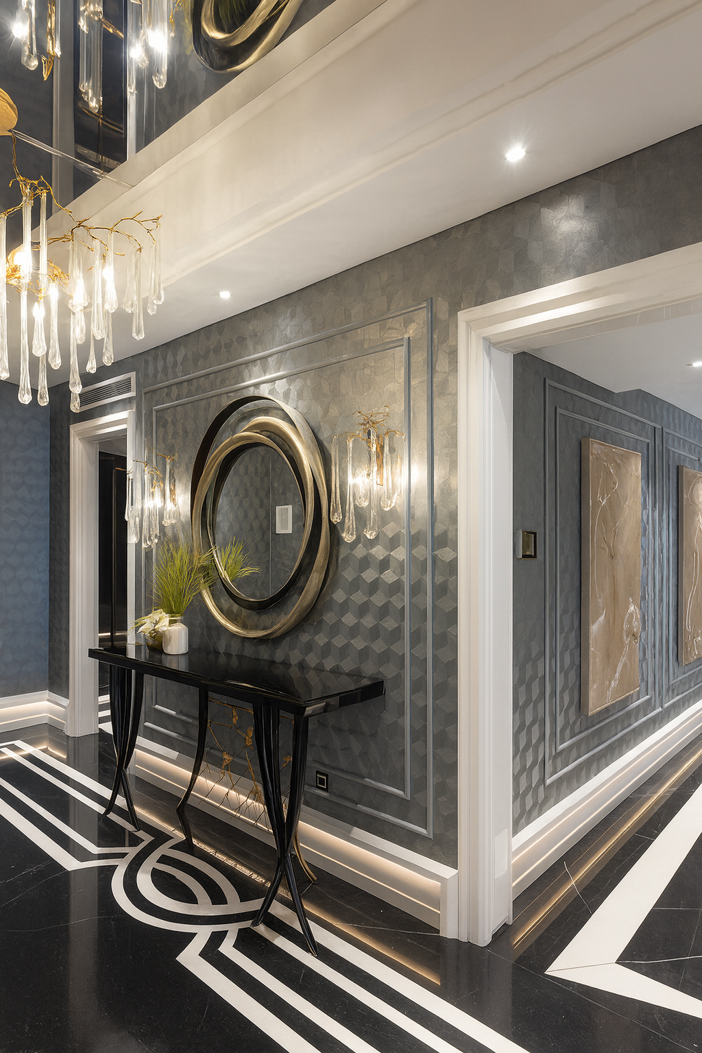 Sophisticated hallway design with a custom console table, round mirror, wall paneling, and ambient lighting in a modern family home.