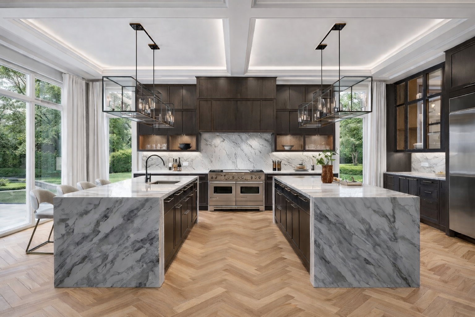 Luxury modern kitchen showcasing dual stone islands, bespoke cabinetry, integrated lighting, and a refined balance of wood and marble.