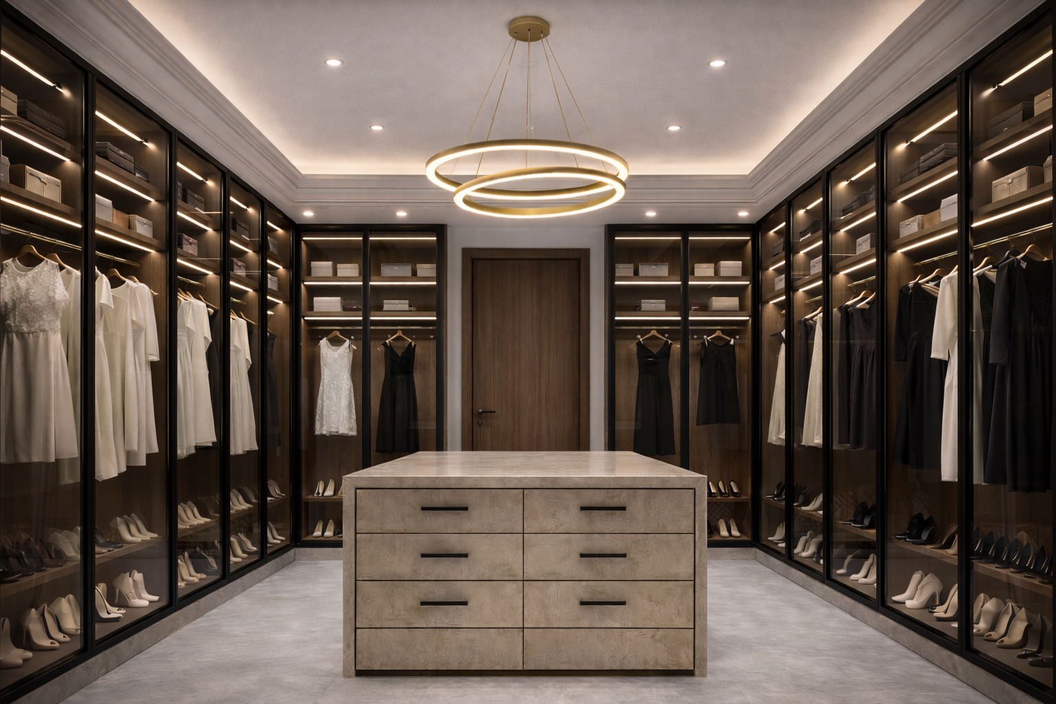Luxury residential walk-in closet with custom millwork, glass-front cabinetry, integrated lighting, and central storage island designed by ReArt.