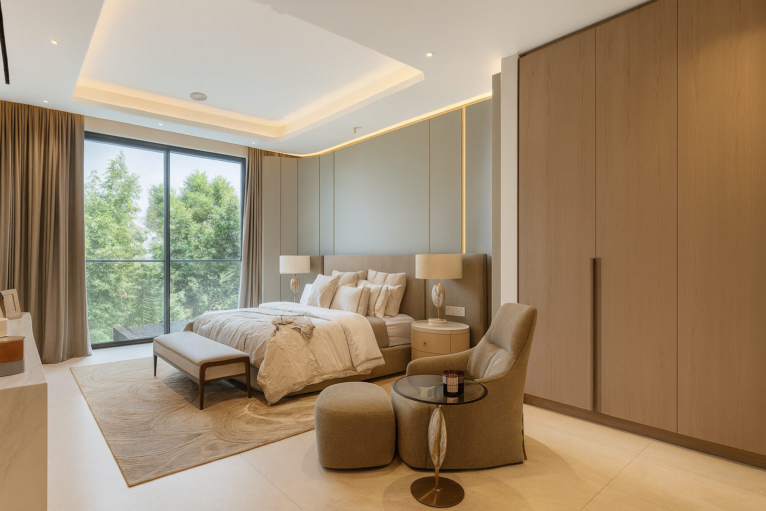 Modern luxury master bedroom with custom millwork, layered lighting, and soft neutral finishes designed by ReArt.