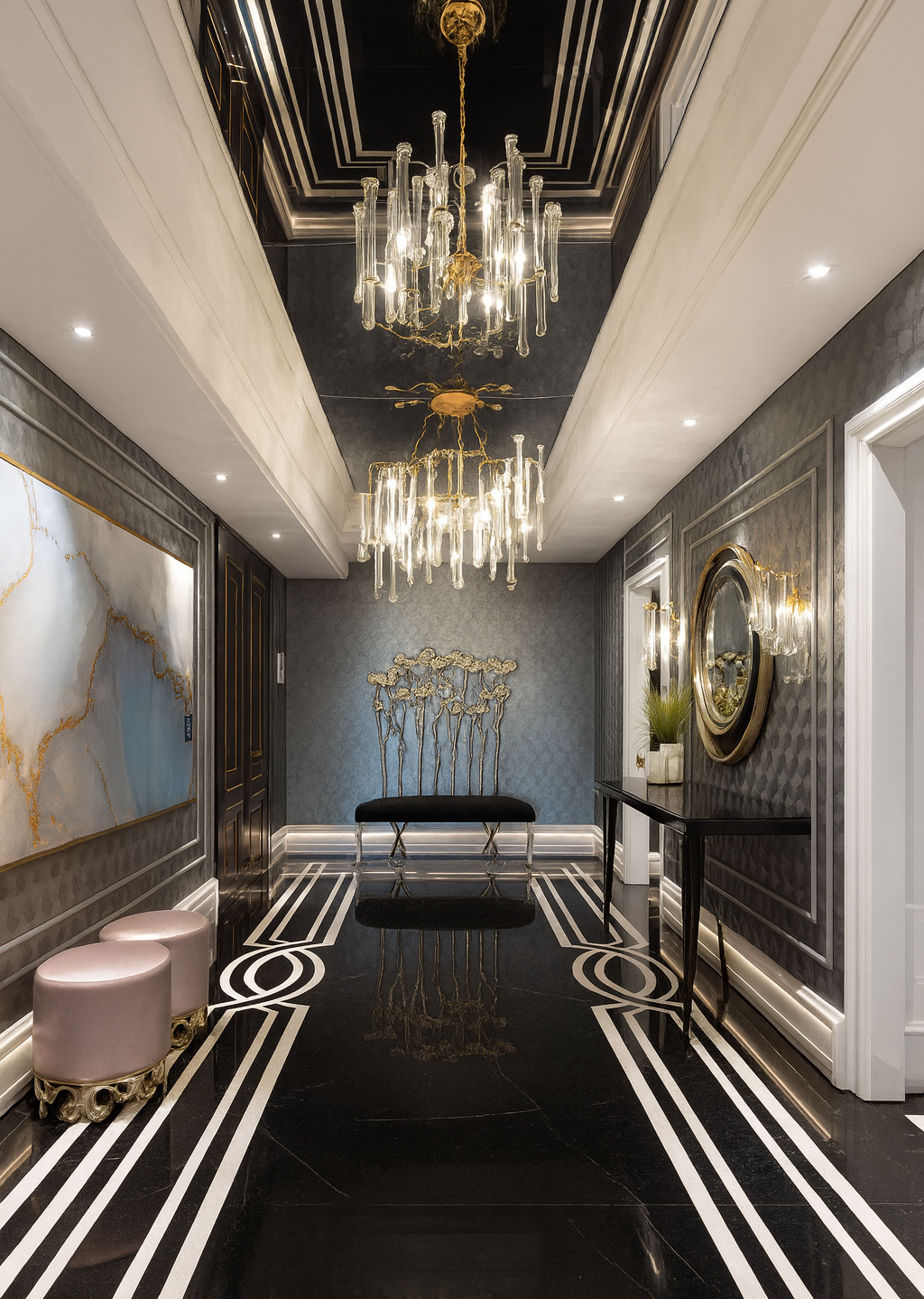 Luxury hallway featuring black marble flooring, statement chandeliers, and refined wall detailing in a high-end residence.