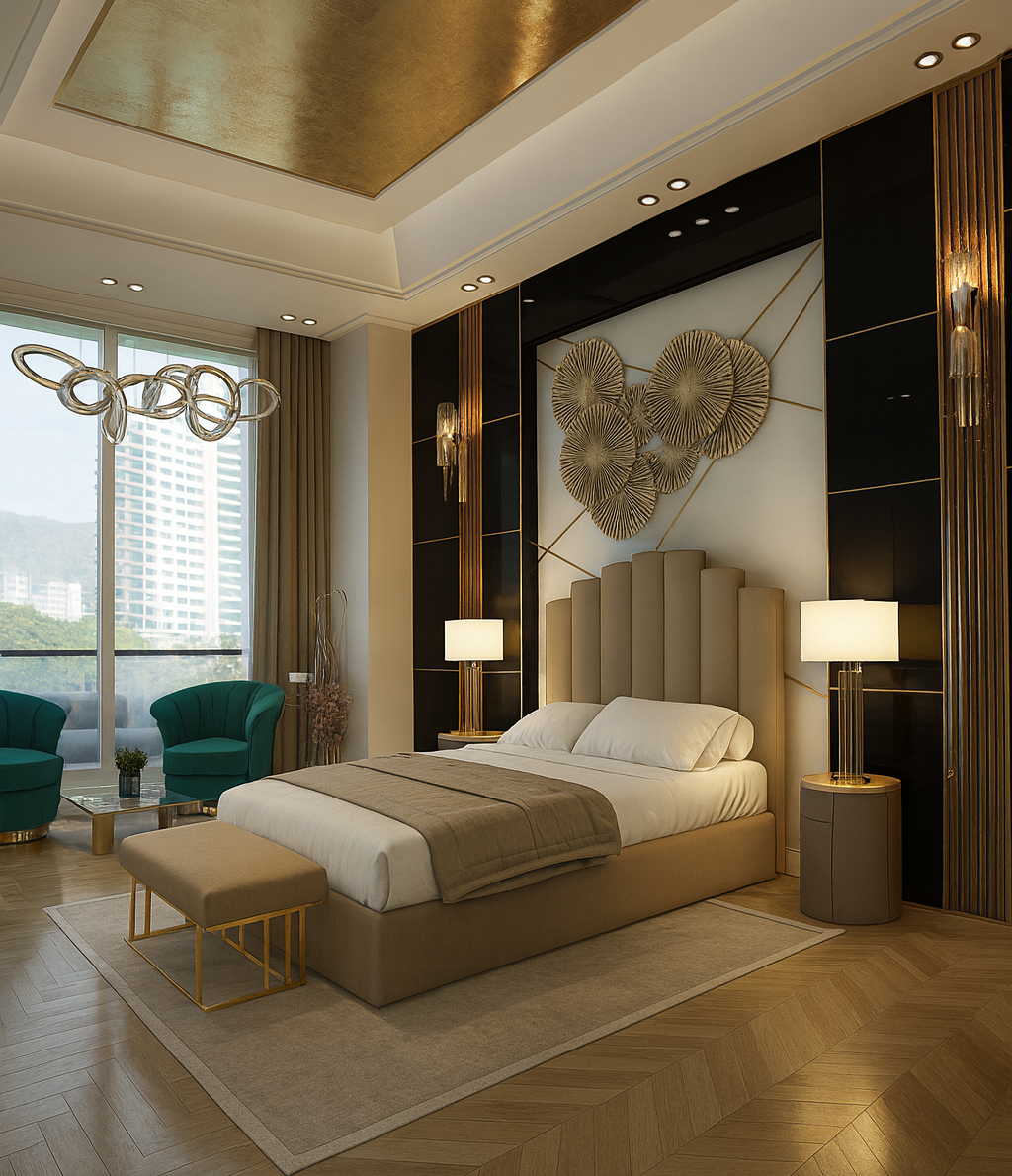 Luxury primary bedroom featuring a custom upholstered headboard, gold detailing, layered wall panels, and refined contemporary furnishings.