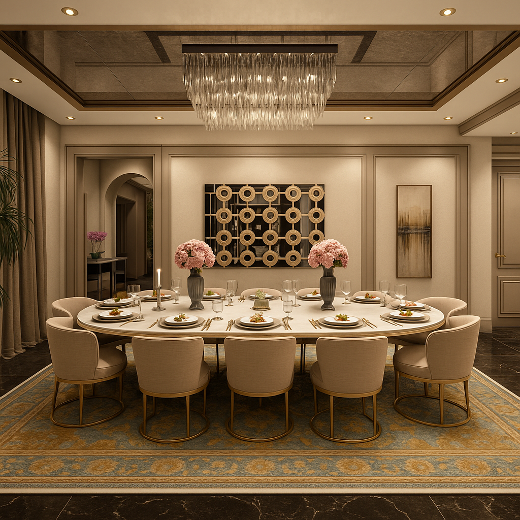 Luxury dining room with an oval dining table, upholstered chairs, layered ceiling details, and a statement chandelier centerpiece.