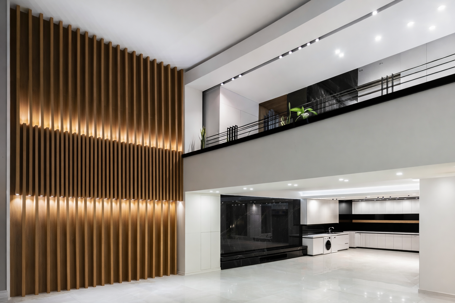 Luxury double-height residential interior with vertical wood feature wall, upper gallery railing, and integrated lighting designed by ReArt.