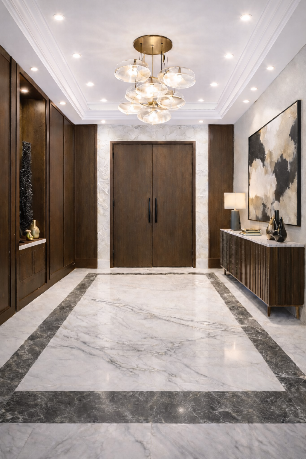 Luxury residential foyer featuring marble flooring, custom millwork, sculptural lighting, and refined architectural detailing designed by ReArt.