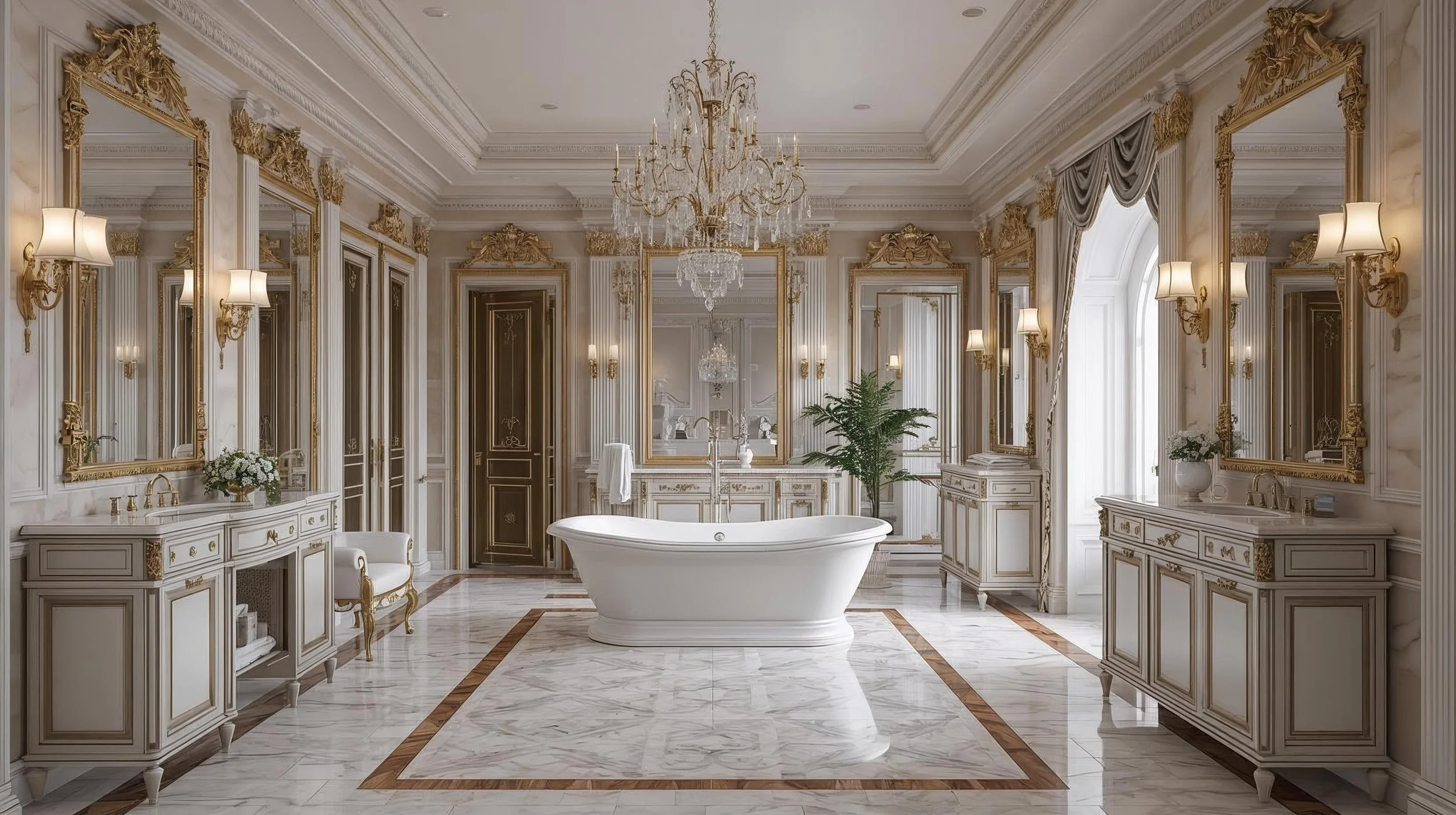 Luxury classical master bathroom featuring a freestanding bathtub, marble flooring, ornate gold detailing, double vanities, and a crystal chandelier in a refined European-inspired interior.
