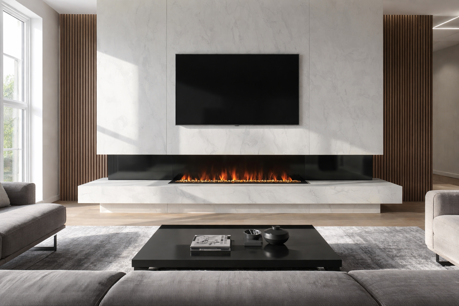 Modern family room designed with a full-height marble fireplace feature wall, integrated television, and clean architectural detailing.