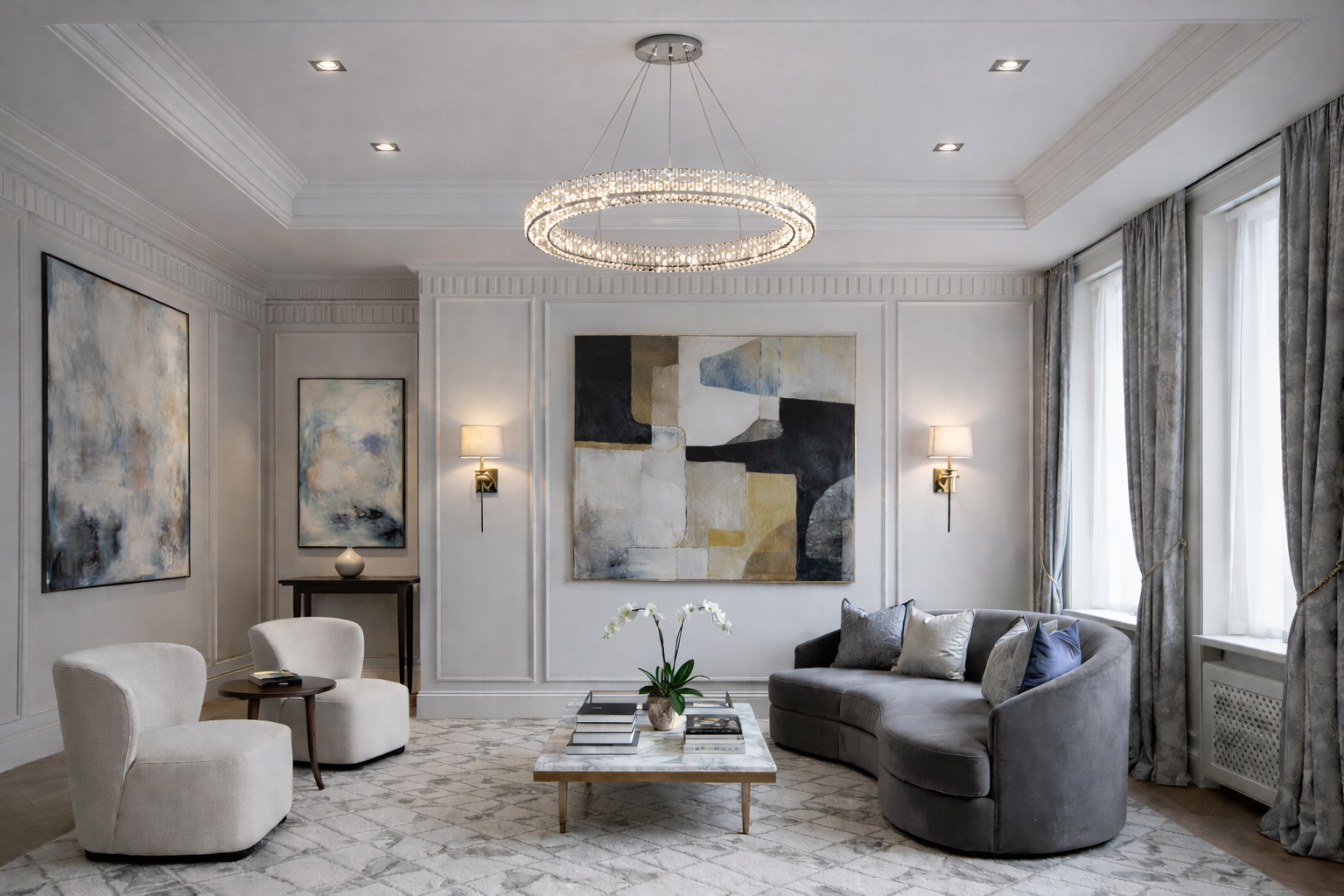 Luxury residential living room with elegant seating, custom wall moldings, curated artwork, and refined lighting designed by ReArt.