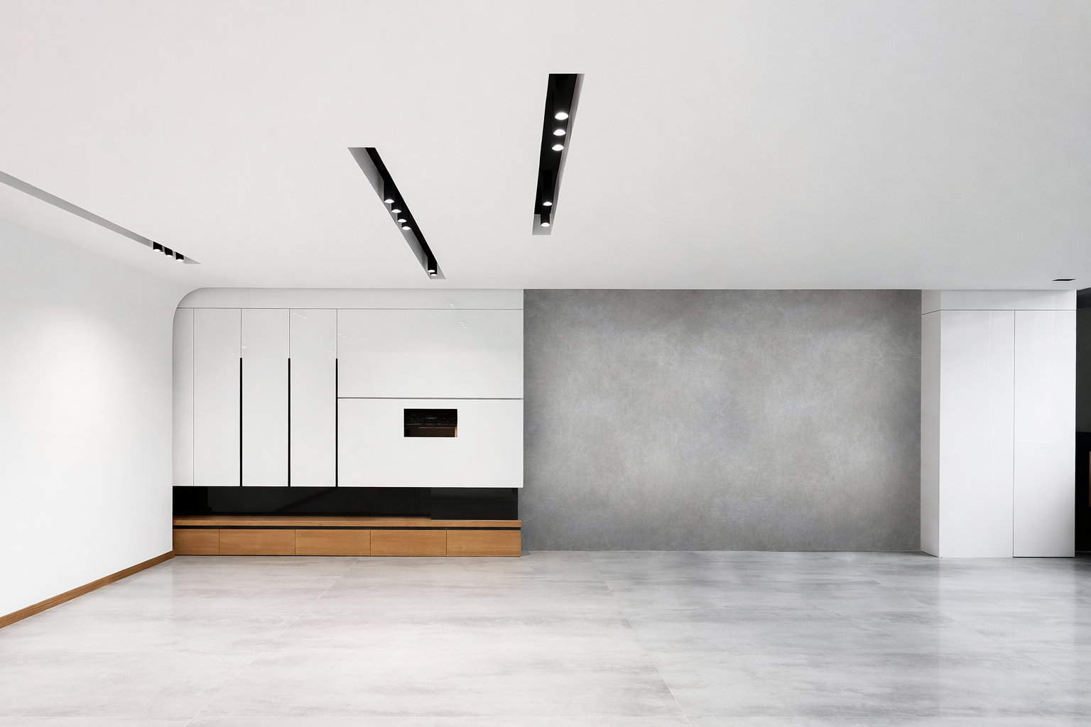 Luxury minimal residential kitchen and living area featuring concealed cabinetry, stone feature wall, and linear ceiling lighting designed by ReArt.