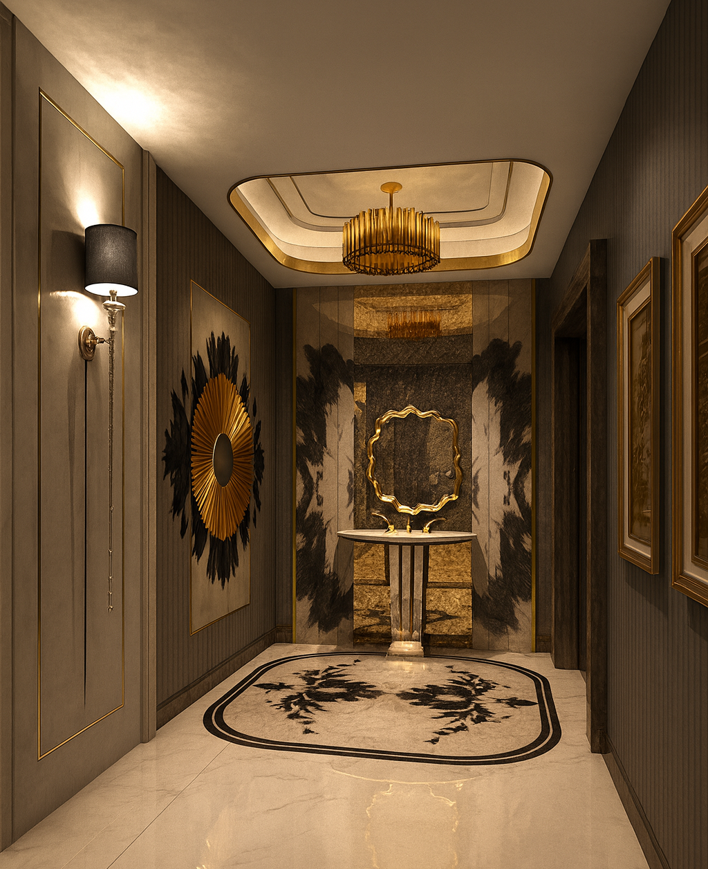 Luxury powder room showcasing gold-accented finishes, sculptural lighting, a pedestal vanity, and dramatic wall detailing.