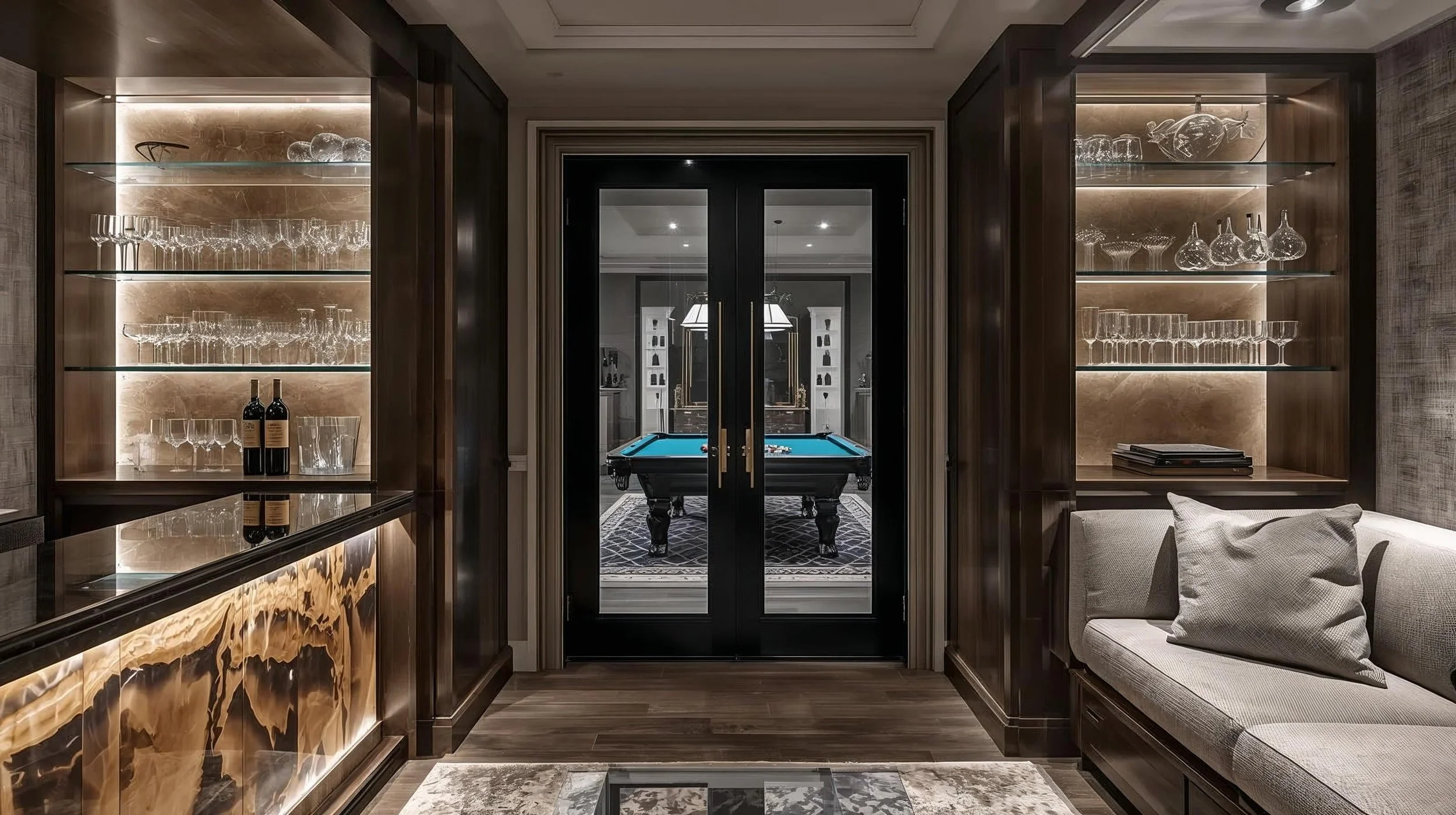Refined modern bar lounge featuring custom walnut millwork, illuminated glass shelving, and black-framed doors opening to a private games room.