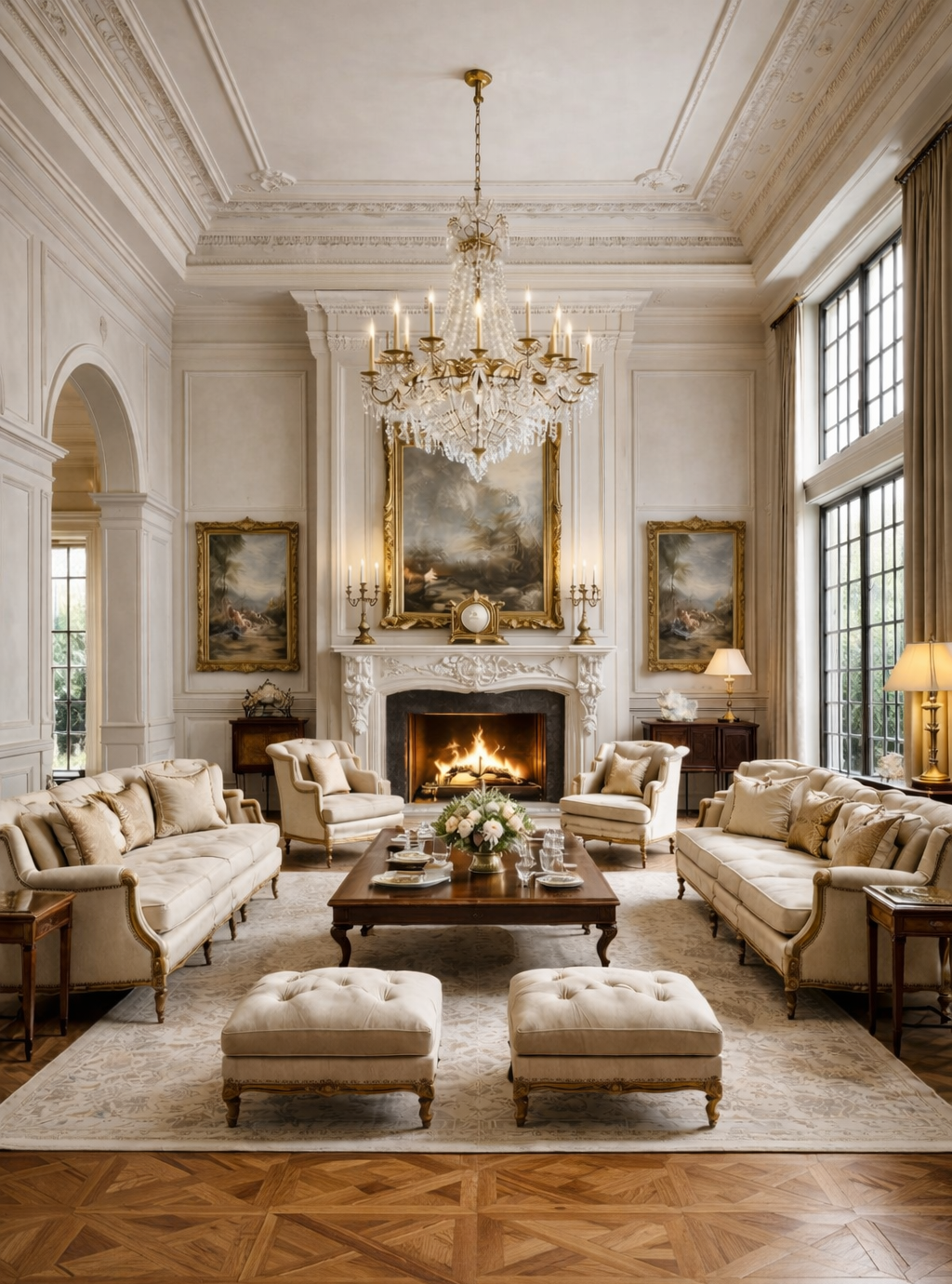 Grand formal living room featuring symmetrical seating, ornate fireplace, crystal chandelier, tall windows, and refined classical architectural detailing in a luxury residence.