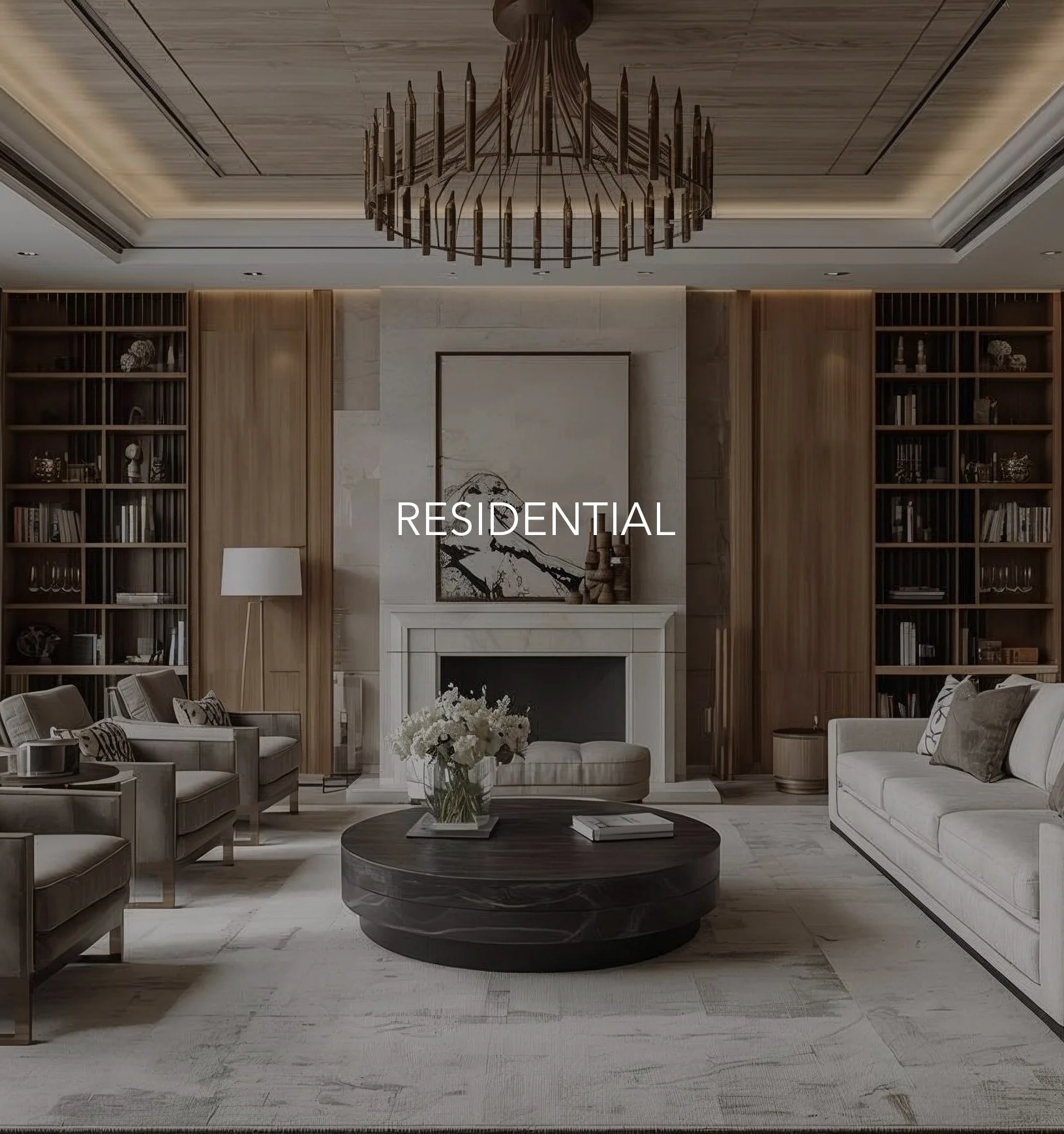 Refined modern residential living room showcasing custom built-in shelving, a statement fireplace, layered lighting, and a warm, balanced material palette.