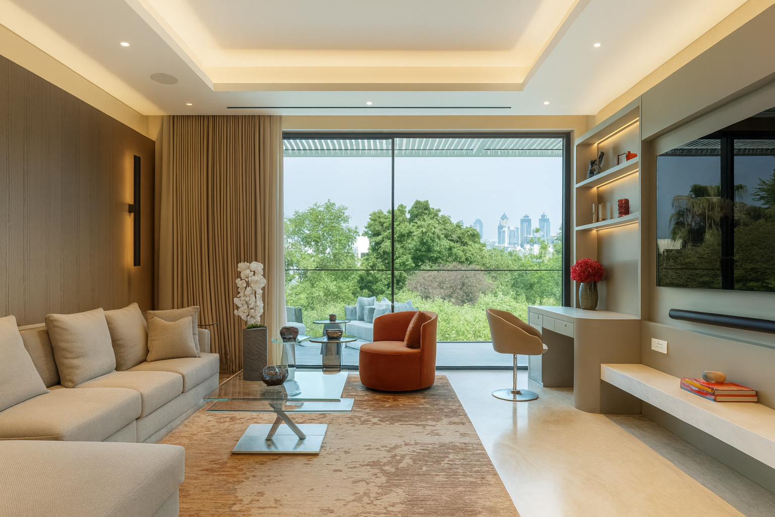 Modern residential living room with floor-to-ceiling glazing, custom seating, and integrated workspace overlooking landscaped gardens by ReArt.