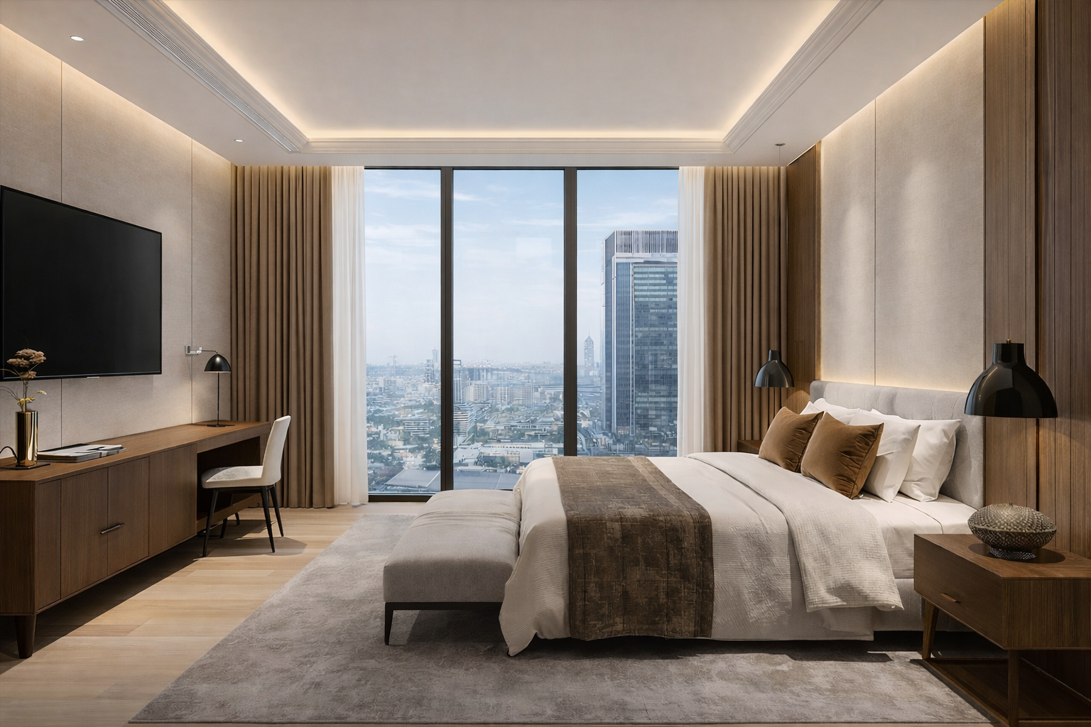 Modern bedroom showcasing floor-to-ceiling windows, tailored millwork, a calm neutral palette, and integrated lighting details.