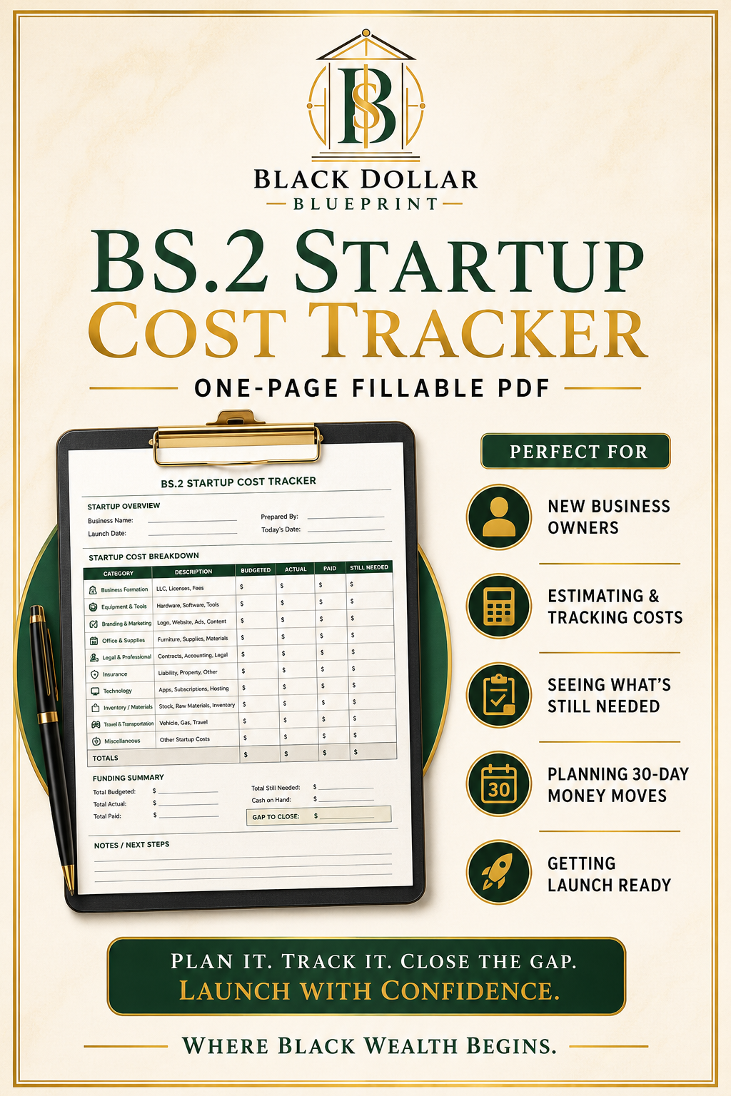 BS.2 Startup Cost Tracker — One-Page Fillable PDF
