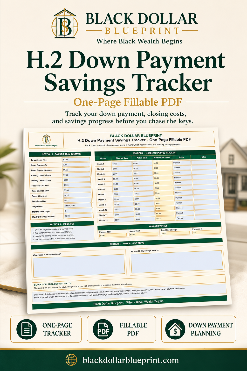 H.2 Down Payment Savings Tracker — One-Page Fillable PDF