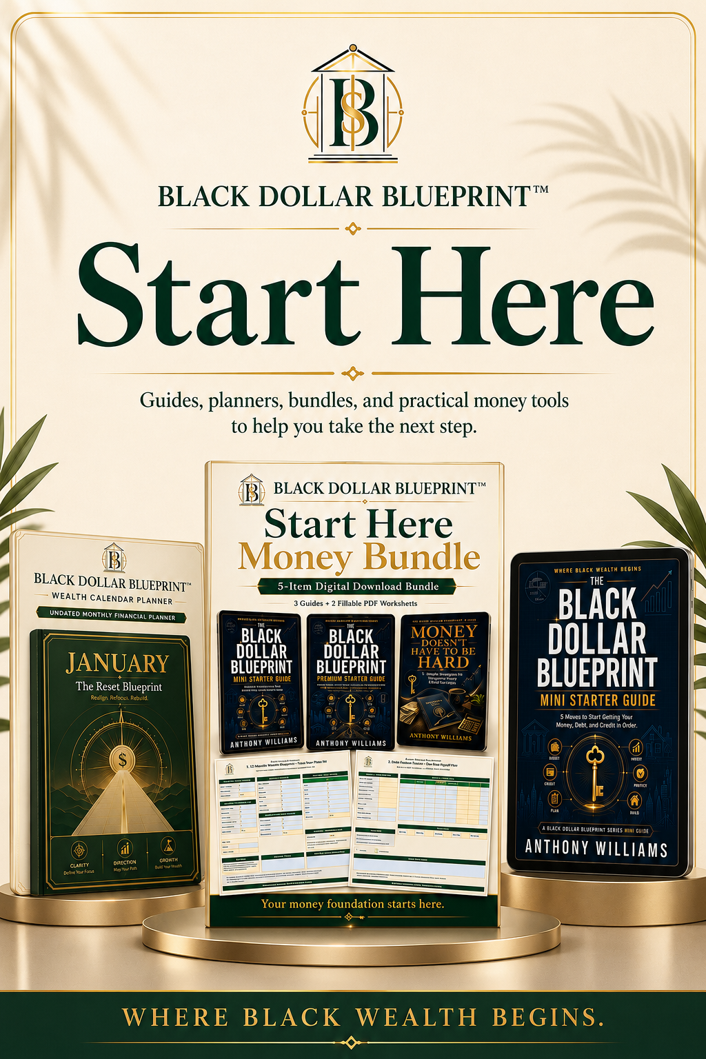 Advertisement for Black Dollar Blueprint guides and tools, with books, planners, and guides about building wealth with a focus on money management.