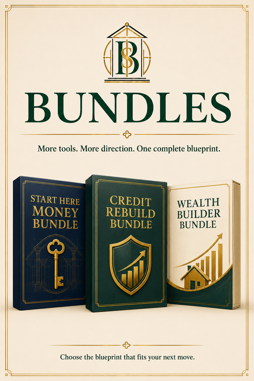 A promotional flyer displaying three financial bundle options: Start Here Money Bundle, Credit Rebuild Bundle, and Wealth Builder Bundle, each with related symbols and upward trending graphs, under the heading "Bundles" and with the slogan "More tools. More direction. One complete blueprint."