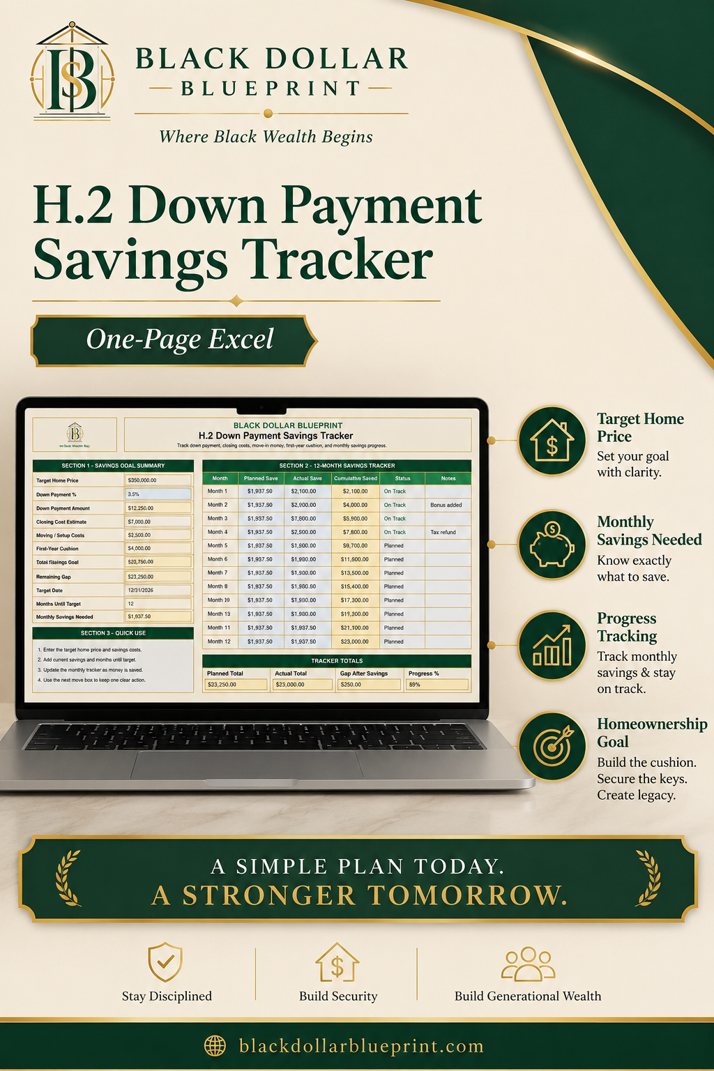 H.2 Down Payment Savings Tracker — One-Page Excel Worksheet