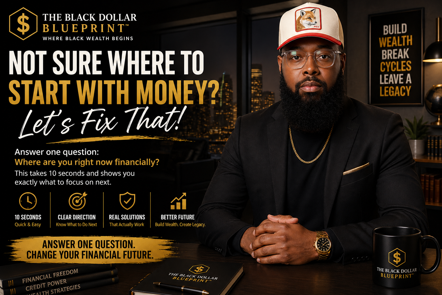 A promotional image for The Black Dollar Blueprint features a man with a beard, wearing glasses, a black suit, a gold chain, a gold watch, and a white cap with a fox logo. The background displays a city skyline at night. The text encourages viewers to answer one question about their current financial situation and offers solutions to improve their financial future. The image includes a black mug with the logo, a notebook, and a stack of books on financial topics.