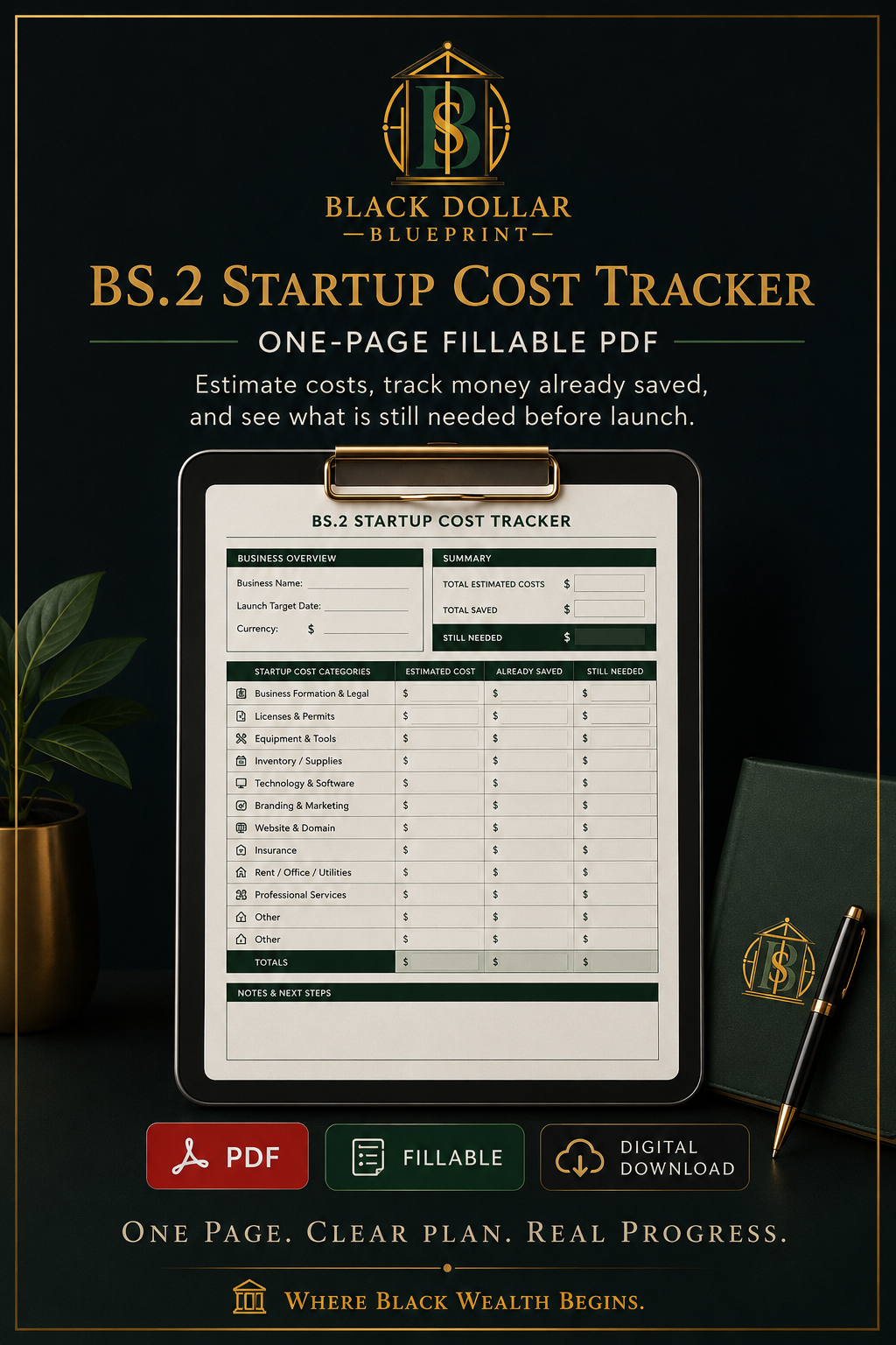BS.2 Startup Cost Tracker — One-Page Fillable PDF 1