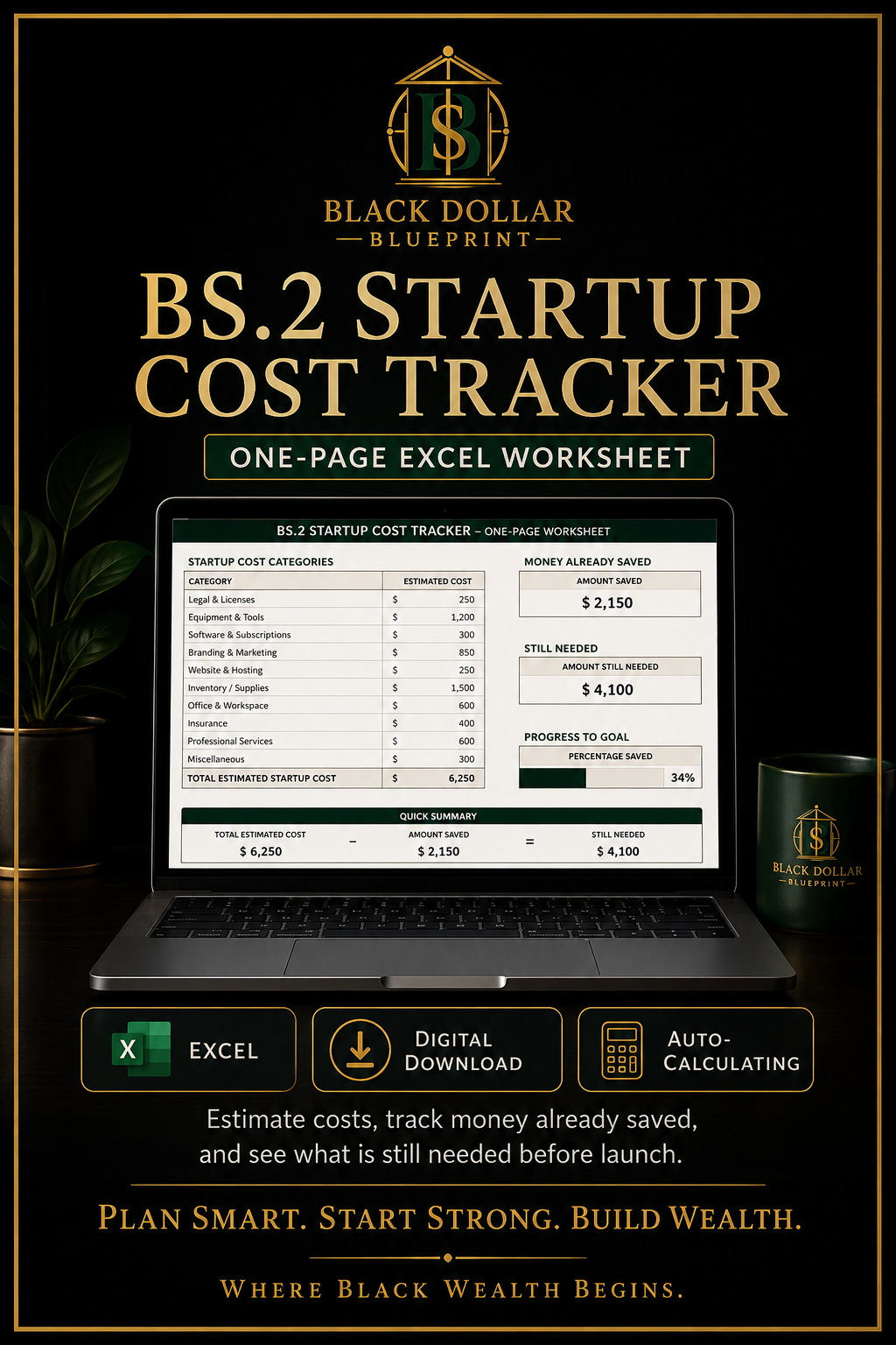 BS.2 Startup Cost Tracker — One-Page Excel Worksheet 1