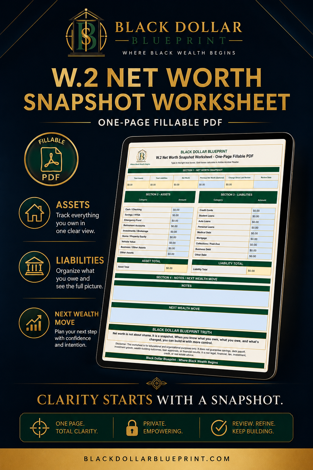 W.2 Net Worth Snapshot Worksheet — One-Page Fillable PDF1