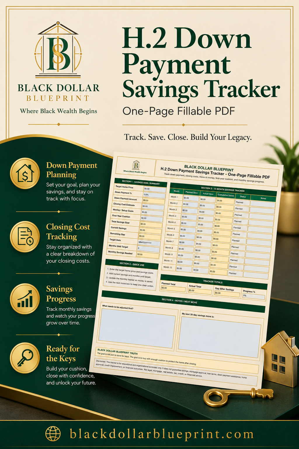 H.2 Down Payment Savings Tracker — One-Page Fillable PDF