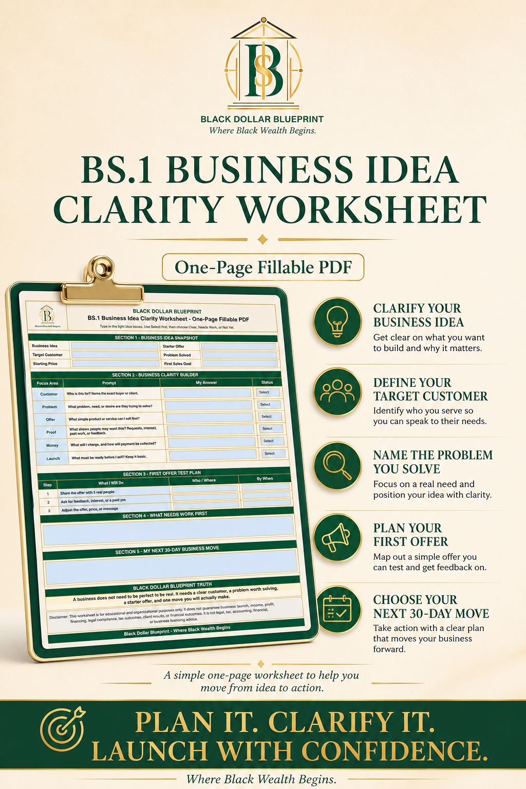 BS.1 Business Idea Clarity Worksheet — One-Page Fillable PDF 1