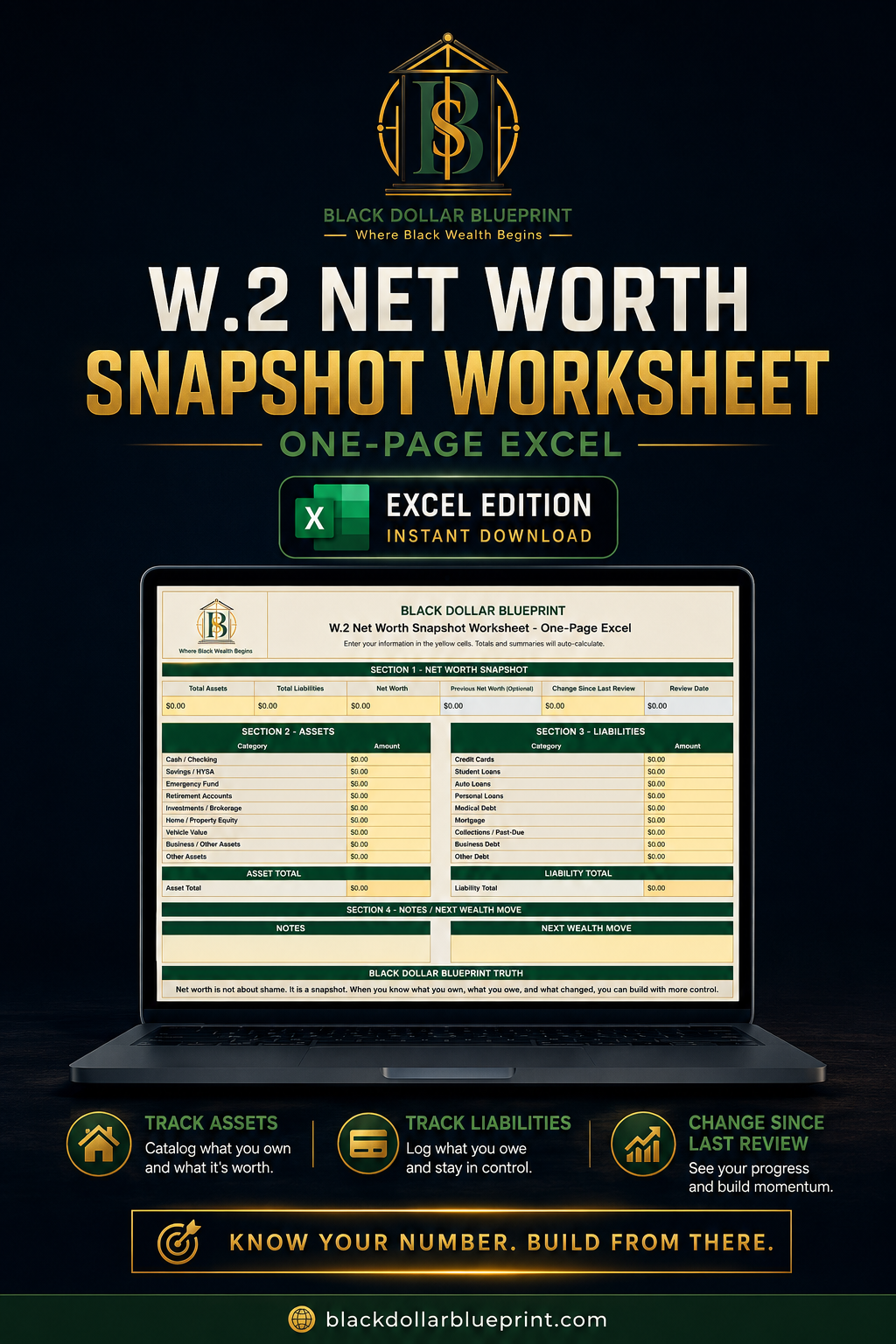 W.2 Net Worth Snapshot Worksheet — One-Page Excel Worksheet