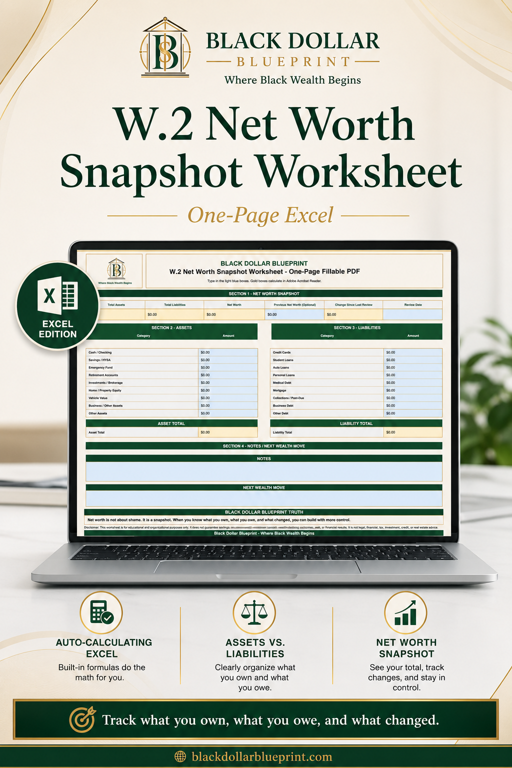 W.2 Net Worth Snapshot Worksheet — One-Page Excel Worksheet2