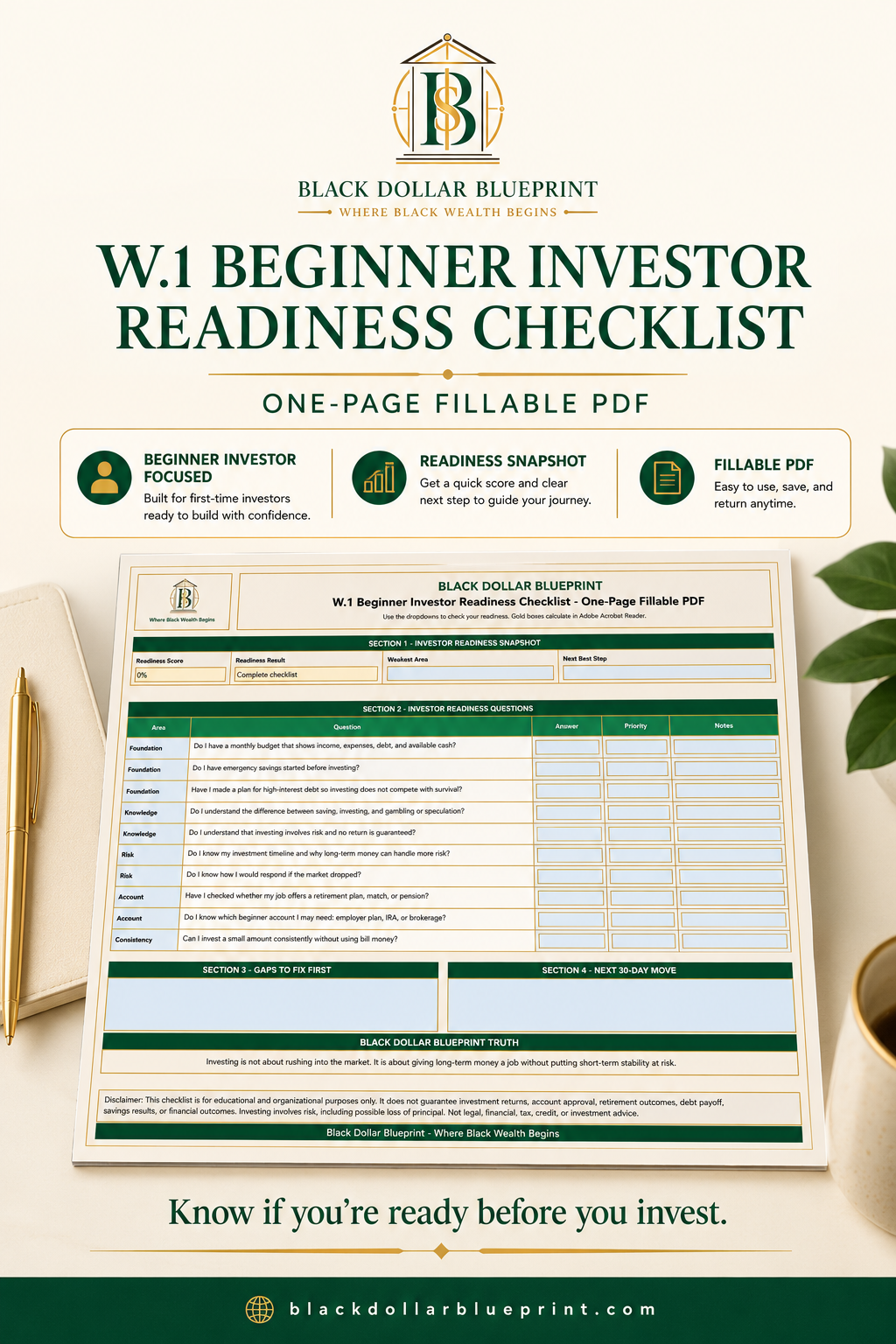 W.1 Beginner Investor Readiness Checklist — One-Page Fillable PDF