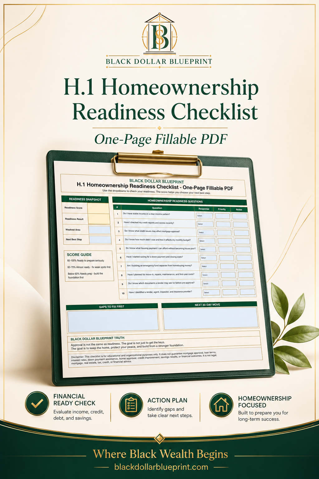 H.1 Homeownership Readiness Checklist — One-Page Fillable PDF1