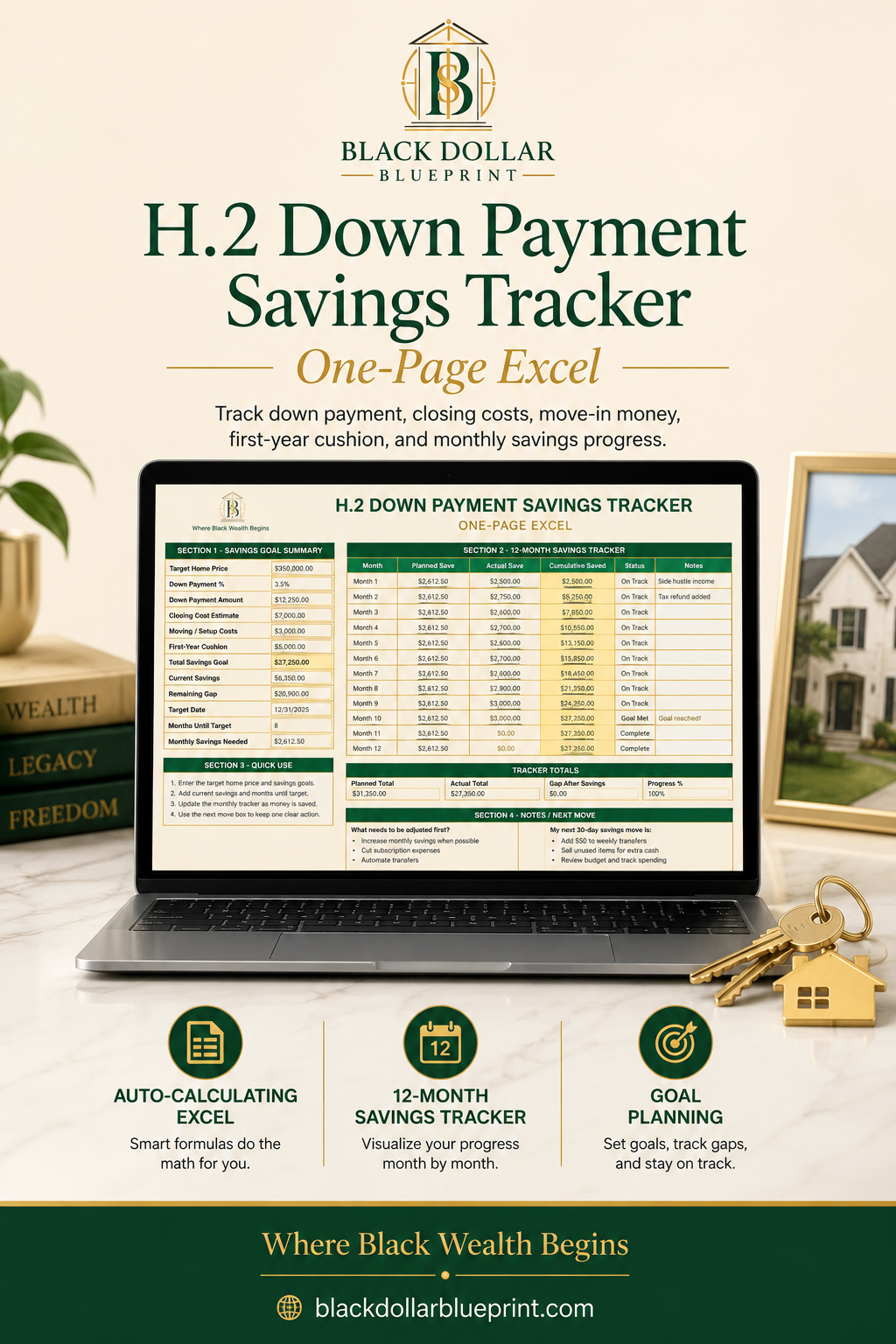 H.2 Down Payment Savings Tracker — One-Page Excel Worksheet2