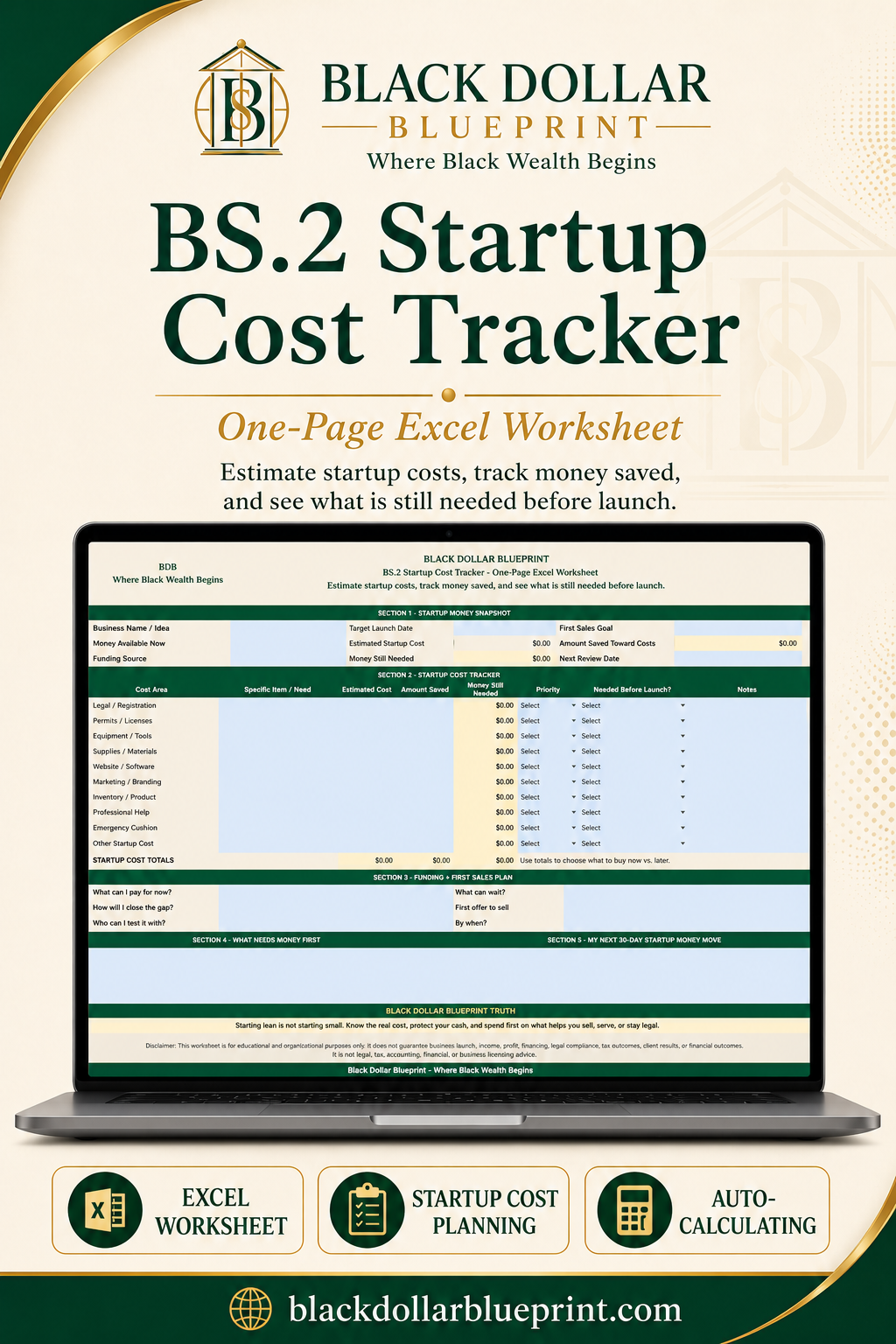 BS.2 Startup Cost Tracker — One-Page Excel Worksheet