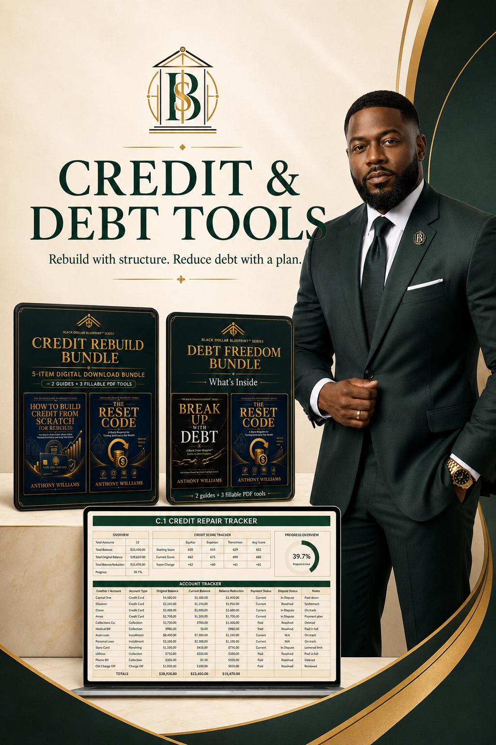 A promotional setup for credit and debt tools featuring a man in a dark suit standing next to displays of books and a laptop. The display includes a logo, the title "Credit & Debt Tools," and descriptions of two book bundles: Credit Rebuild Bundle and Debt Freedom Bundle, with images of their covers. The laptop shows a credit repair tracker and account details.