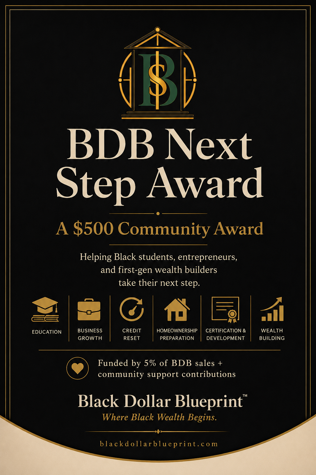 Black poster promoting BDB Next Step Award, a $500 community award for Black students, entrepreneurs, and first-generation wealth builders, featuring icons related to education, business, credit reset, homeownership, certification, and wealth building.