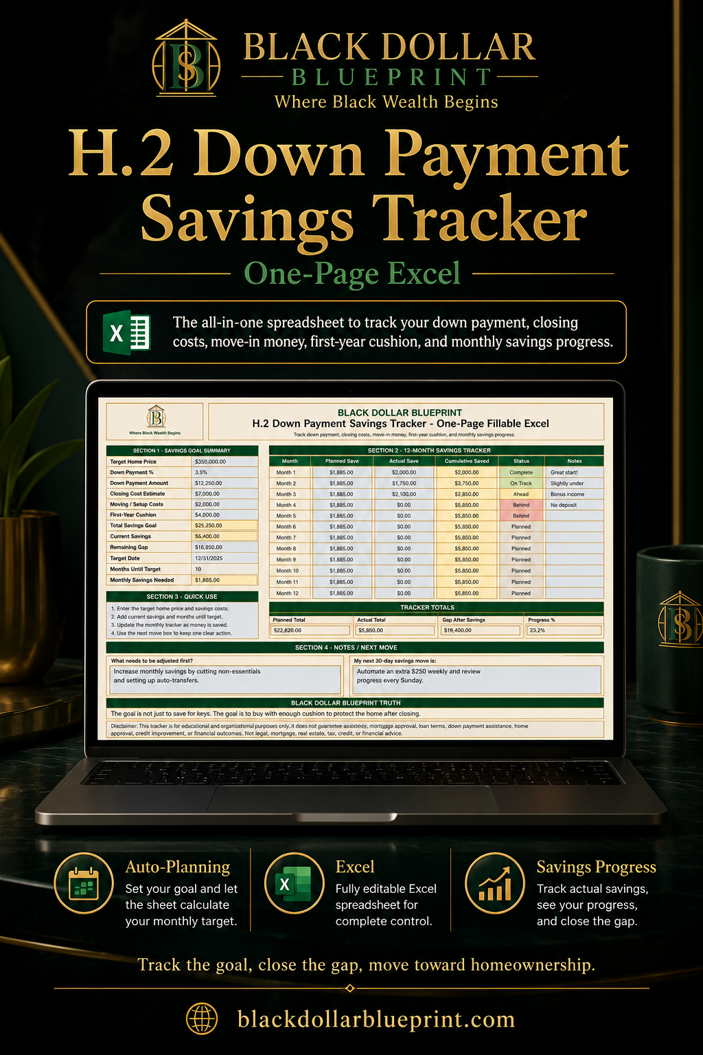 H.2 Down Payment Savings Tracker — One-Page Excel Worksheet1