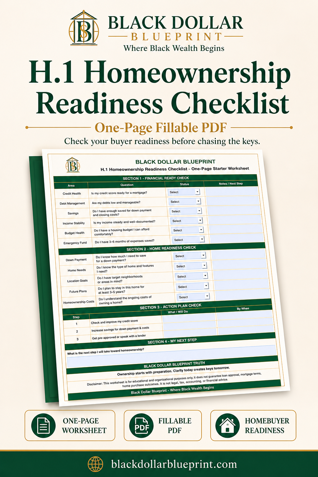H.1 Homeownership Readiness Checklist — One-Page Fillable PDF