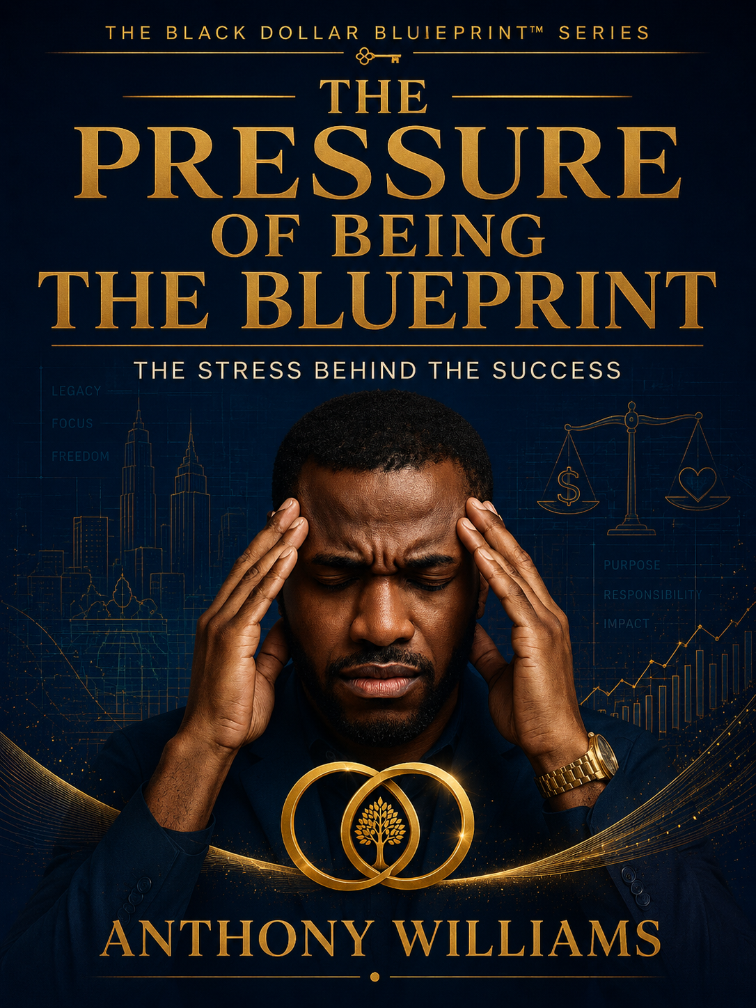 Cover of a book titled 'The Pressure of Being the Blueprint' by Anthony Williams, featuring a man holding his head with a stressed expression, set against a dark background with financial and cityscape graphics.